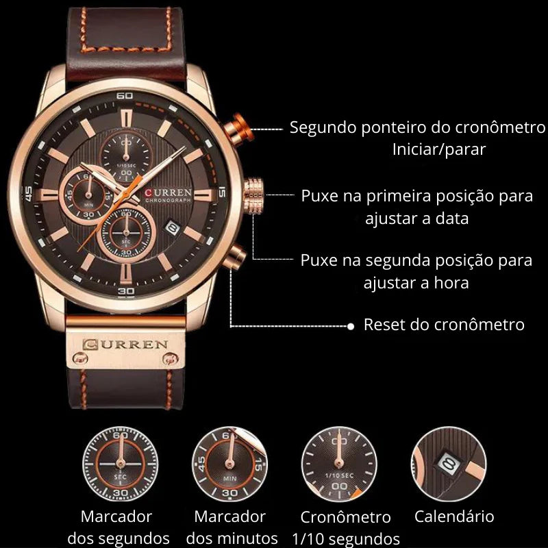 RELÓGIO MASCULINO CURREN QUARTZO COM PULSEIRA DE COURO